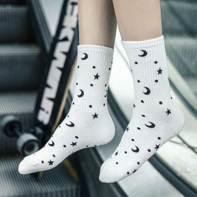 

1pair Star & Moon Crew Socks, White