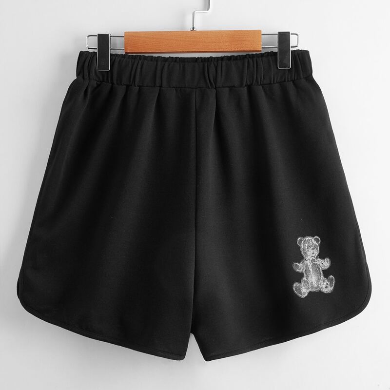 

Cartoon Bear Graphic Track Shorts, Black