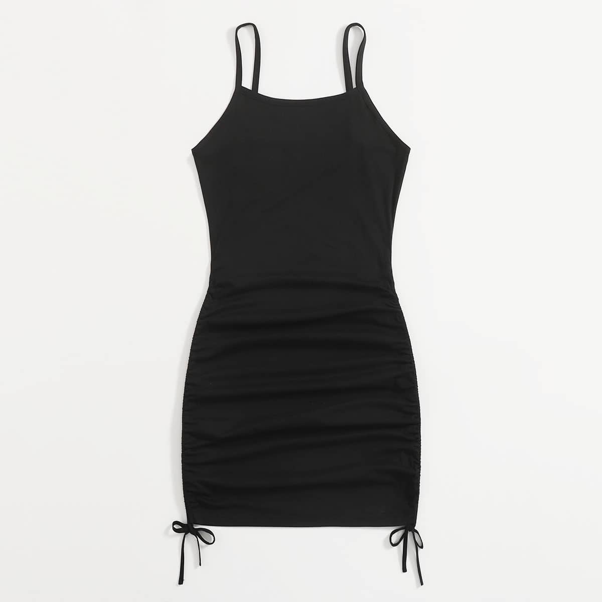 

Solid Drawstring Ribbed Dress, Black