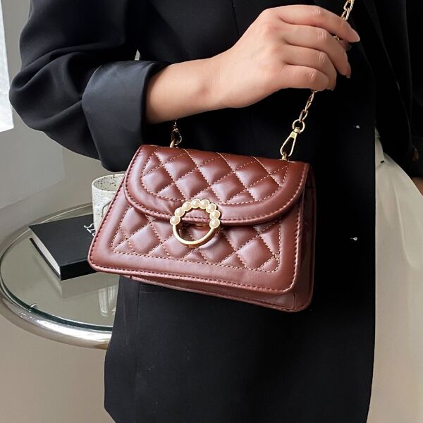 

Faux Pearl Decor Quilted Crossbody Bag, Brown