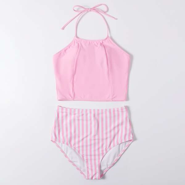 

Striped Halter High Waisted Bikini Swimsuit, Baby pink