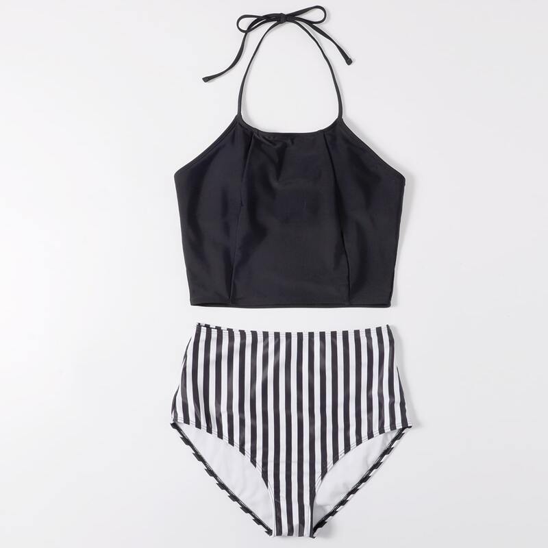 

Striped Halter High Waisted Bikini Swimsuit, Black and white