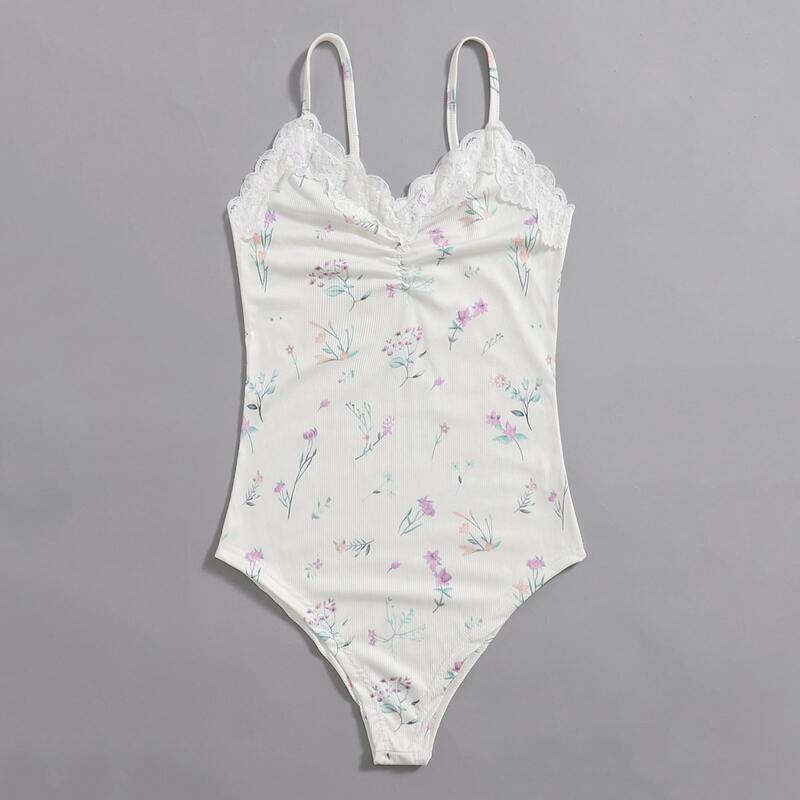

Contrast Lace Floral Ribbed Cami Bodysuit, White