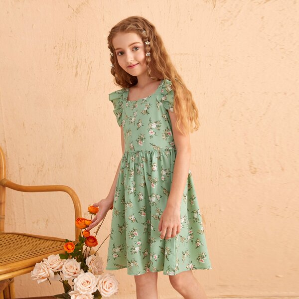 

Girls Allover Floral Ruffle Trim Smock Dress, Mint green