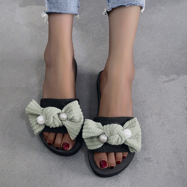 

Beaded & Bow Decor Slides, Mint green