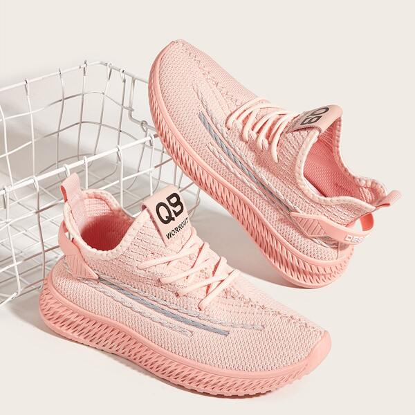 

Letter Graphic Lace Up Decor Knit Running Shoes, Baby pink