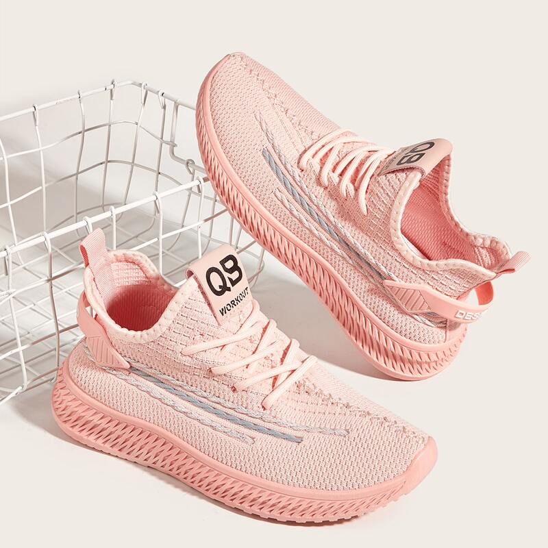 

Letter Graphic Lace Up Decor Knit Running Shoes, Baby pink