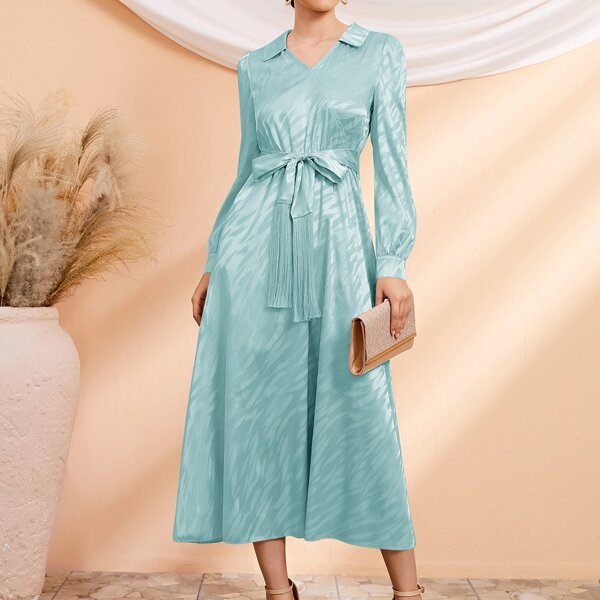 

Satin Puff Sleeve Self Tie Shirt Dress, Baby blue