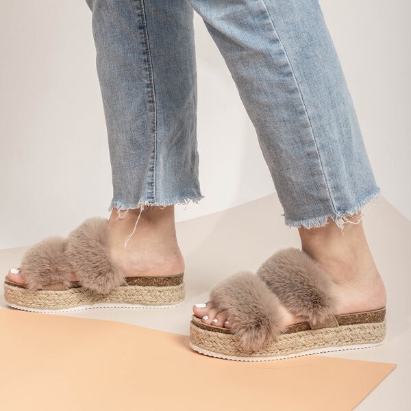 

Double Strap Fluffy Flatform Mules, Dusty pink