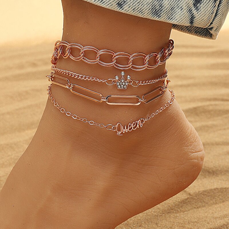 

4pcs Rhinestone Crown Chain Anklet, Rose gold