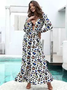 LOVE&LEMONADE Ruffle Hem Self Belted Allover Print Kimono Without Bikini Set - Multicolor - View 1