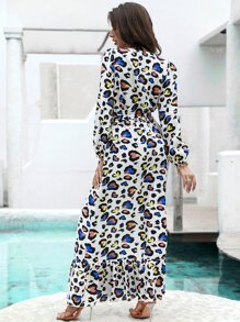 LOVE&LEMONADE Ruffle Hem Self Belted Allover Print Kimono Without Bikini Set - Multicolor - View 2