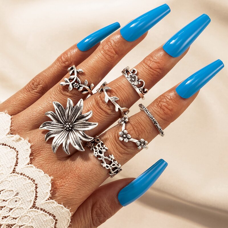 

7pcs Flower Design Ring, Silver