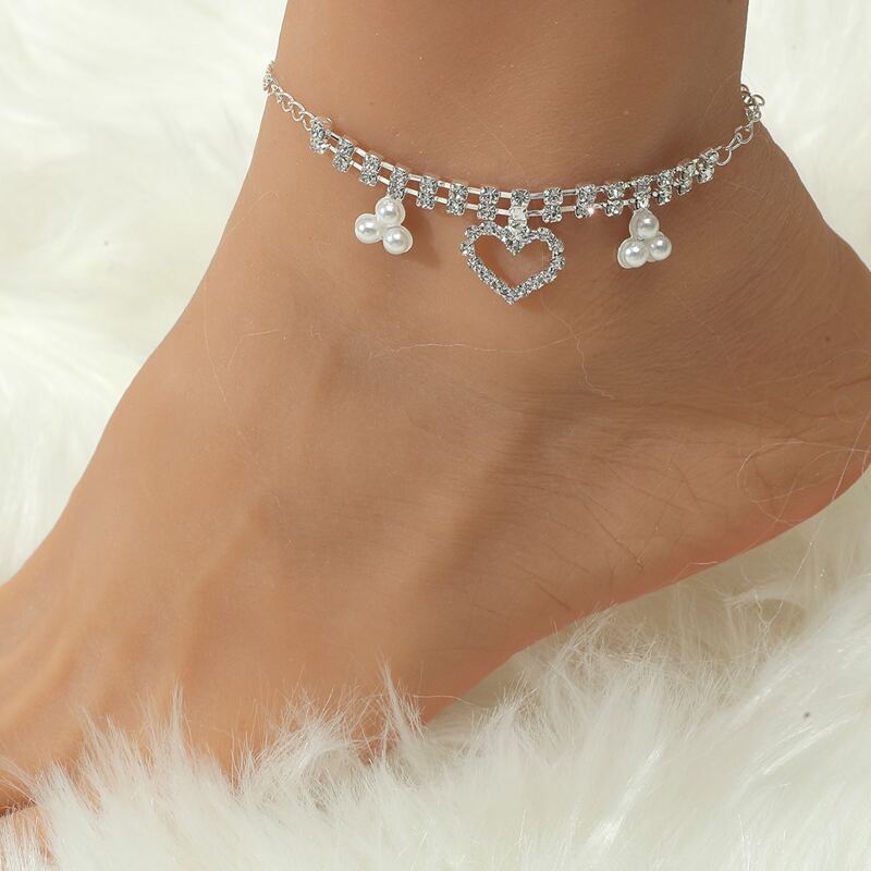 

Rhinestone Heart Anklet, Silver