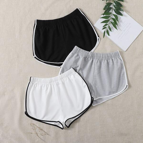 

3pc Elastic Waist Contrast Binding Sports Shorts, Multicolor