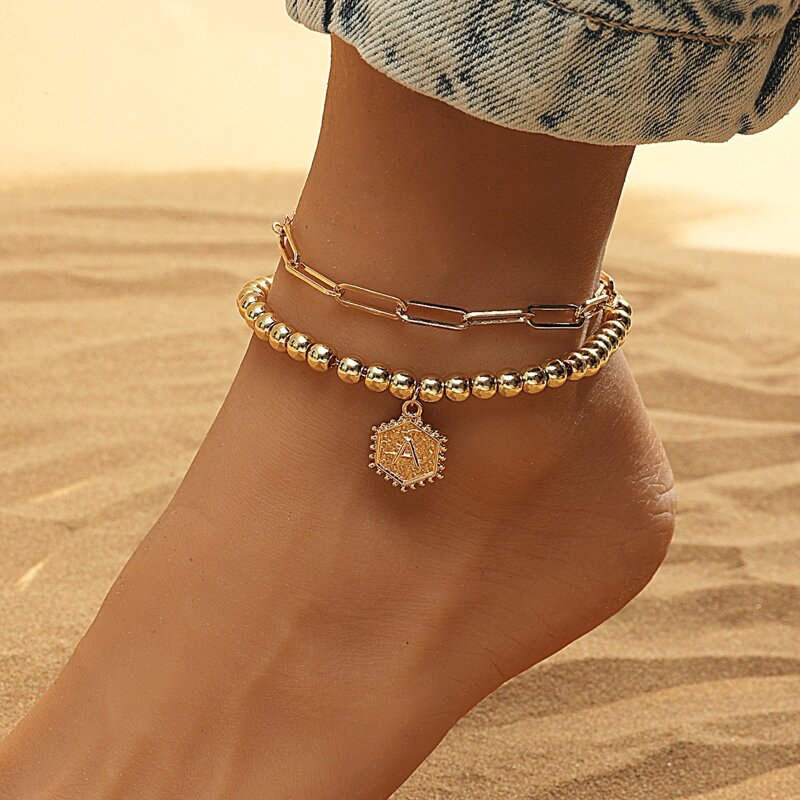

2pcs Letter Beaded Anklet, Gold