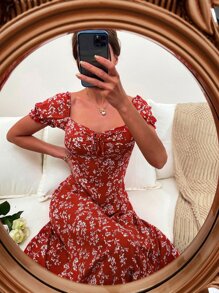SHEIN VCAY Ditsy Floral Tie Front Ruffle Hem Milkmaid Dress - Burgundy - View 3