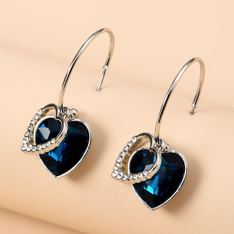 

Rhinestone Heart Hoop Earrings, Navy blue