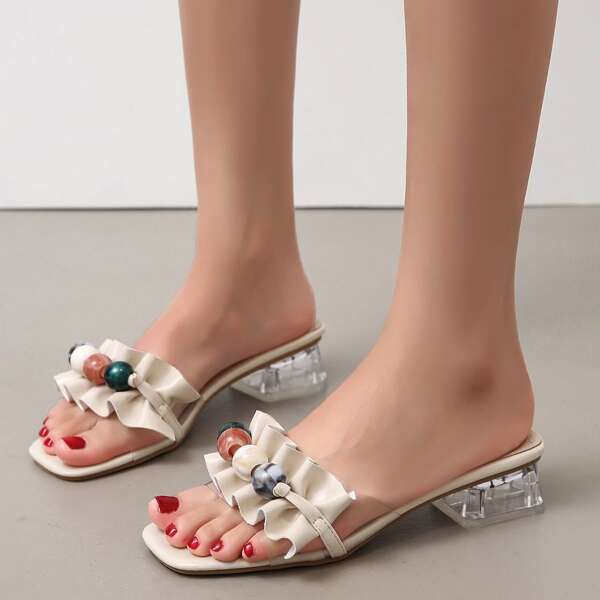 

Ruffle & Beaded Decor Chunky Heeled Mules, Beige