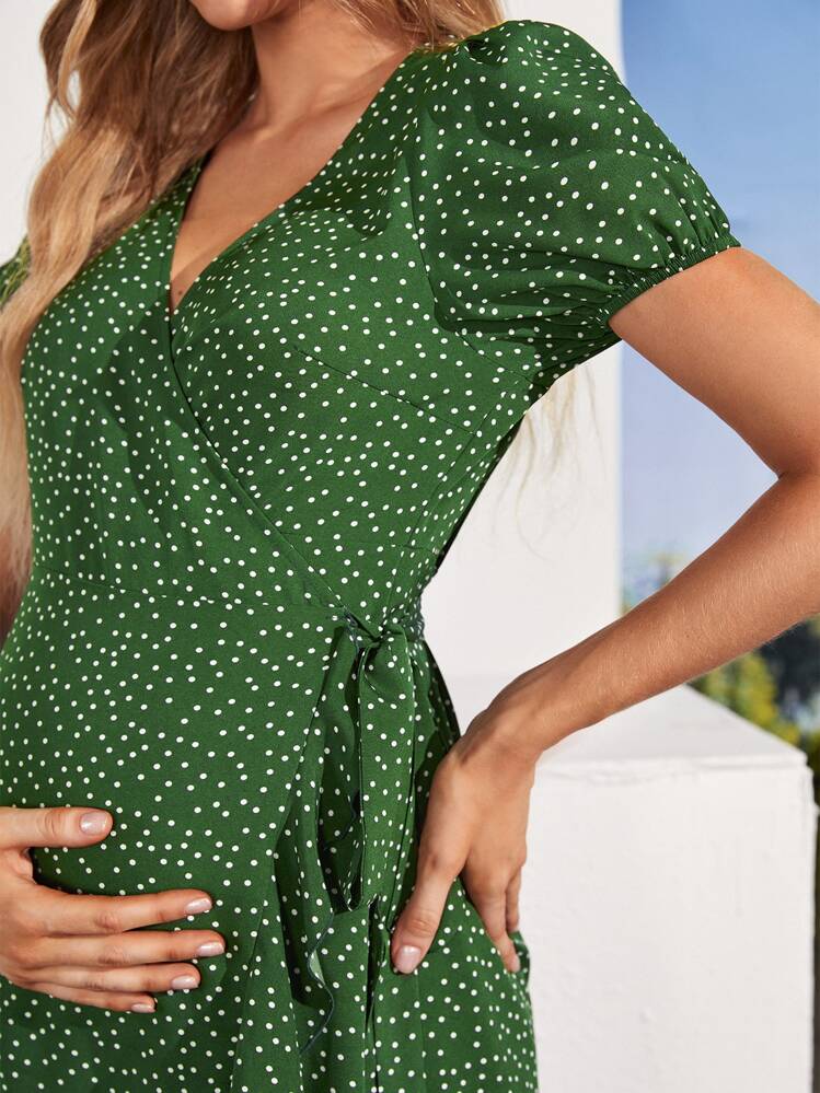 green polka dot maternity dress SHEIN Surplice Neck Knot Maternity midi dress