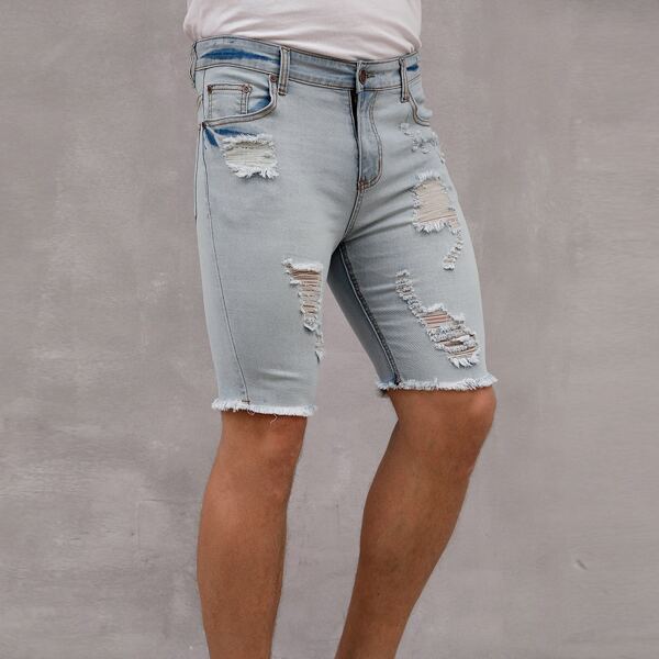 

Men Raw Hem Ripped Denim Shorts, Light wash