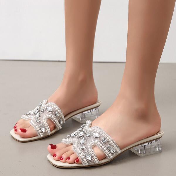 

Rhinestone Decor Cut-out Chunky Heeled Mules, Beige