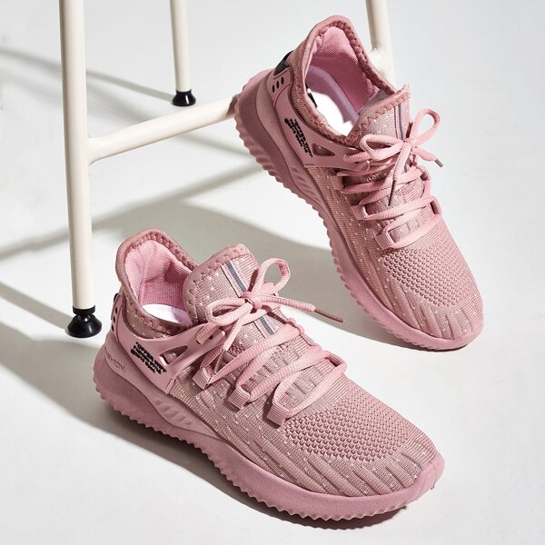 

Letter Graphic Lace Up Decor Knit Sneakers, Pink