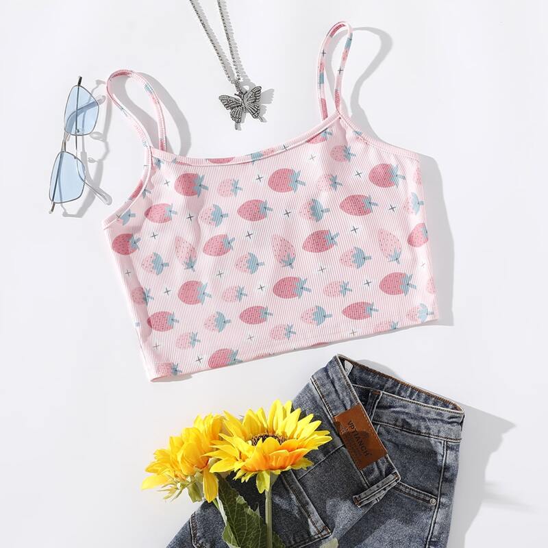 

Strawberry Print Rib Knit Cami Top, Multicolor