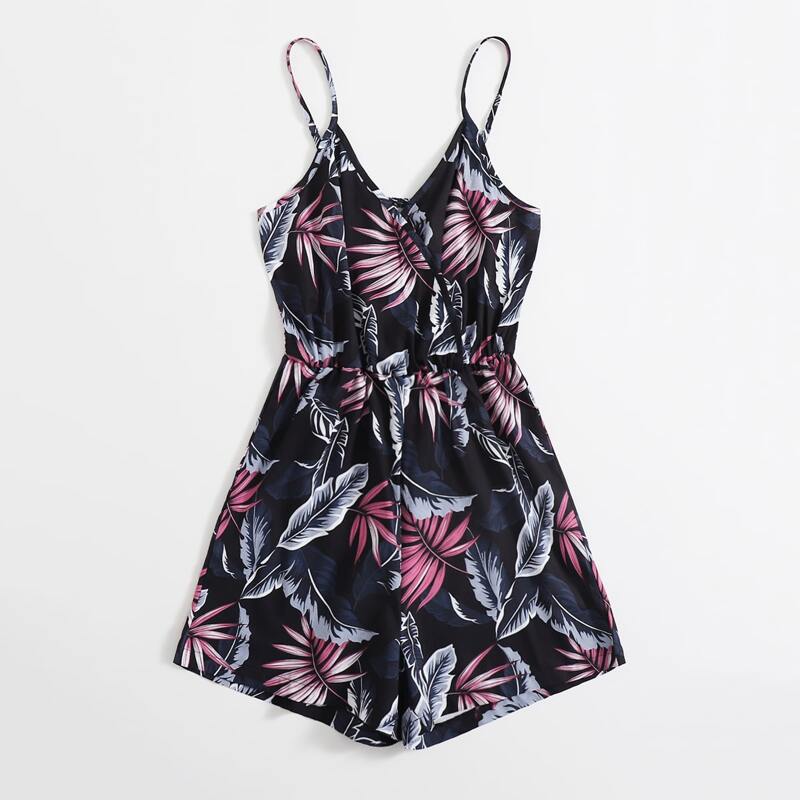

Leaf Print Cami Romper, Multicolor