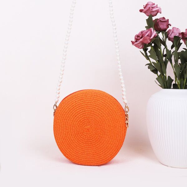 

Faux Pearl Strap Circle Bag, Orange