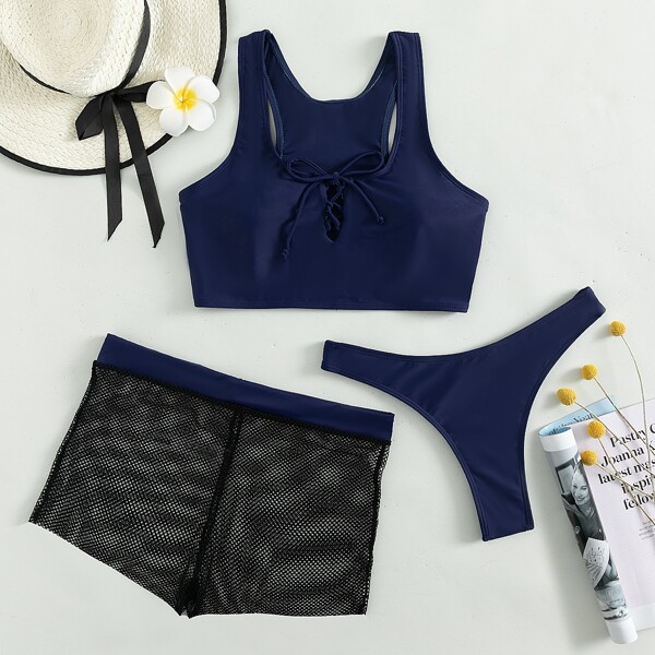 

3pack Lace-up Front Bikini Swimsuit, Multicolor