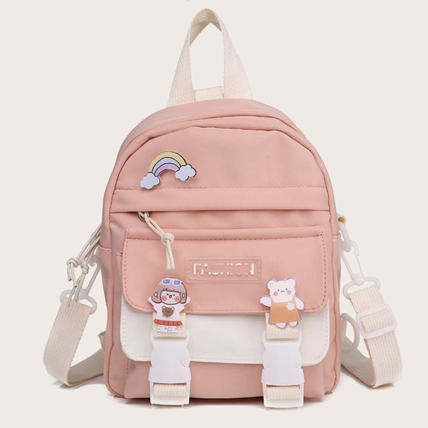 

Cartoon Decor Pocket Front Backpack, Pink
