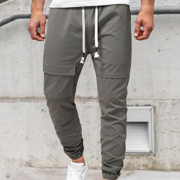 

Men Solid Drawstring Waist Cargo Pants, Grey