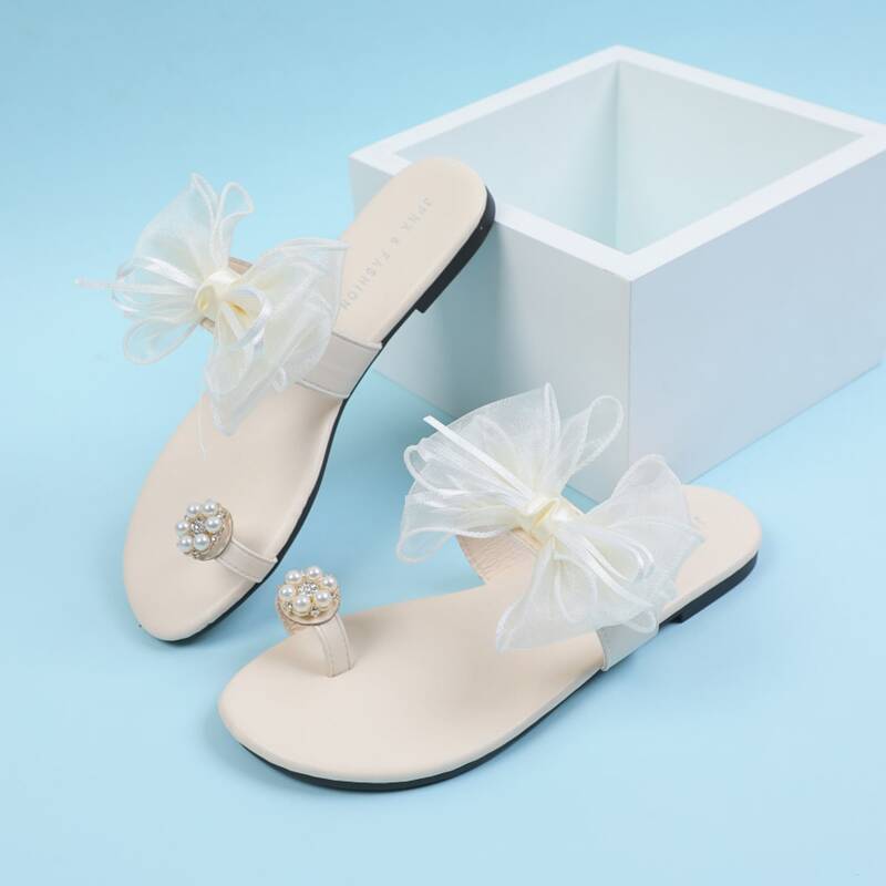 

Faux Pearl & Bow Decor Thong Sandals, Beige