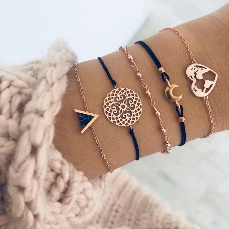 

5pcs Geo & Heart Bracelet, Gold