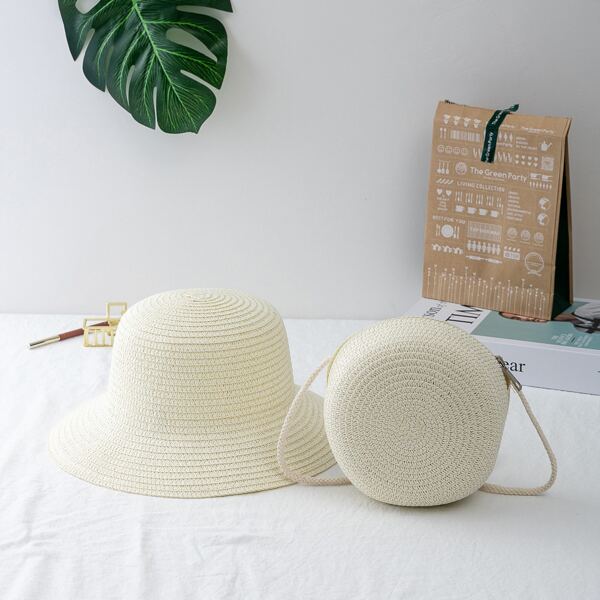

Girls Minimalist Straw Crossbody With Hat, White