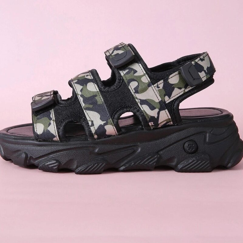 

Camo Velcro Strap Open Toe Sandals, Green