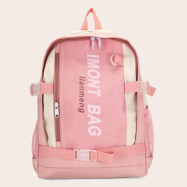 

Letter Graphic Buckle Decor Backpack, Pink