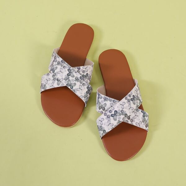 

Butterfly Graphic Cross Strap Slide Sandals, Grey