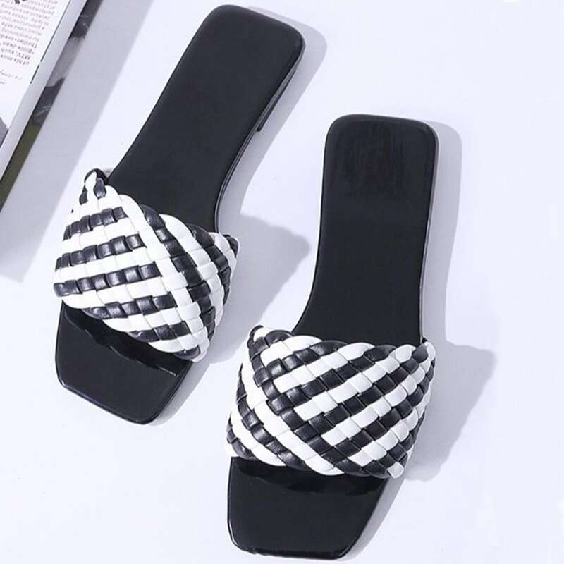 

Striped Braided Band Slide Sandals, Black and white