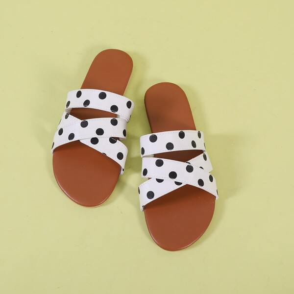 

Polka Dot Cross Strap Slide Sandals, White