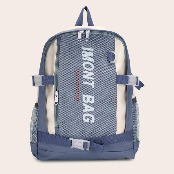 

Letter Graphic Buckle Decor Backpack, Dusty blue
