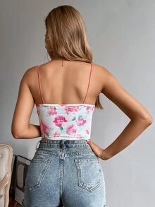 Lace Trim Floral Print Cami Top - Multicolor - View 2