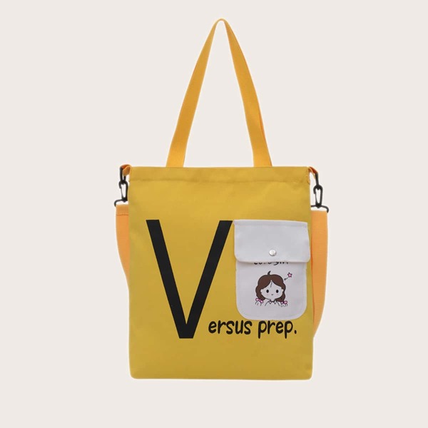 

Cartoon & Letter Graphic Shoulder Tote Bag, Yellow