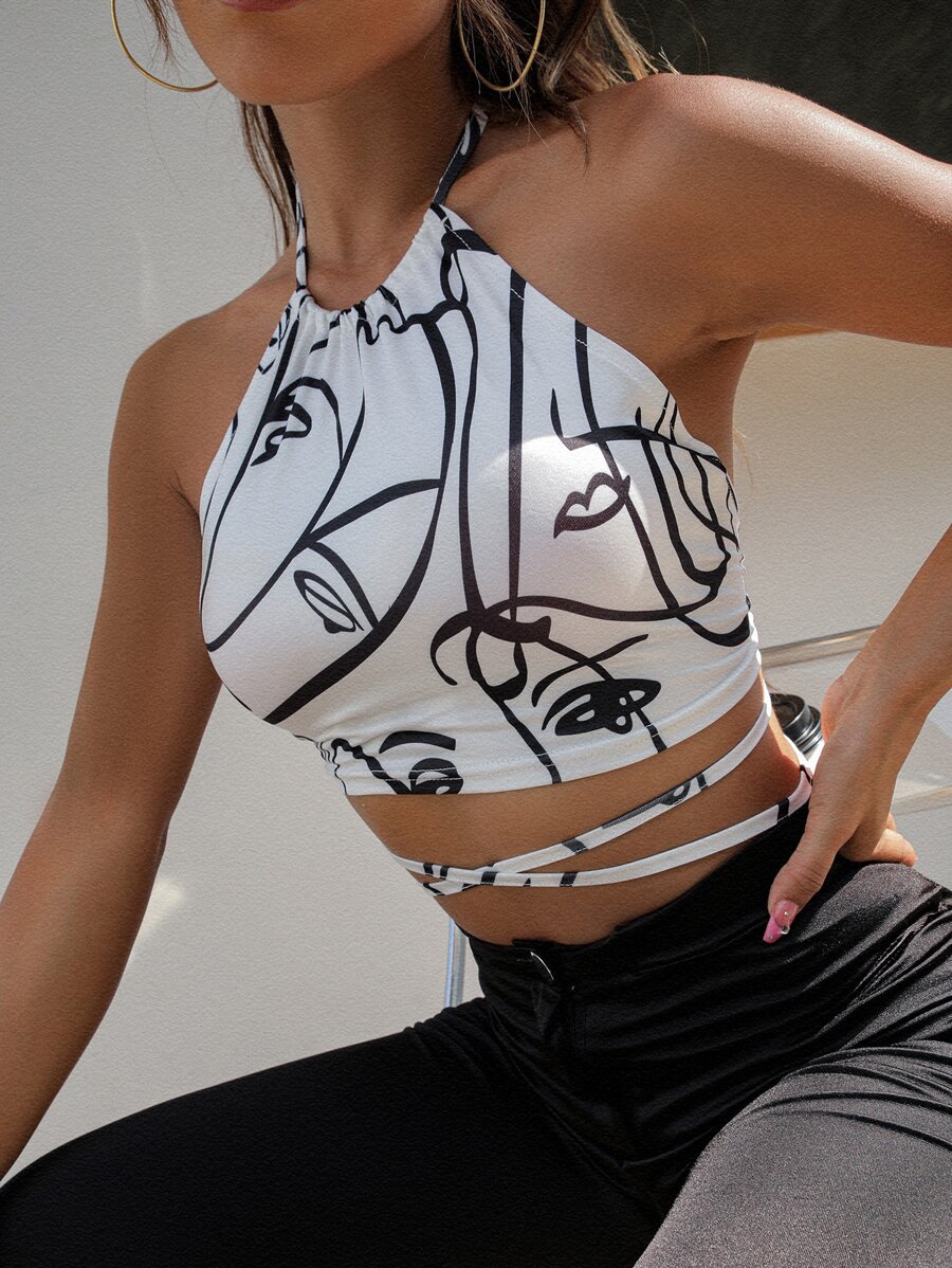 SHEIN Unity Áo hai dây Lộ Lưng Con số Gợi cảm - trắng - Xem 1