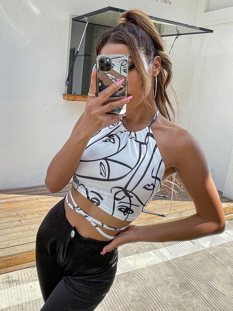 SHEIN Unity Top halter con estampado de figura de espalda abierta con cordón - Blanco - Añade 2