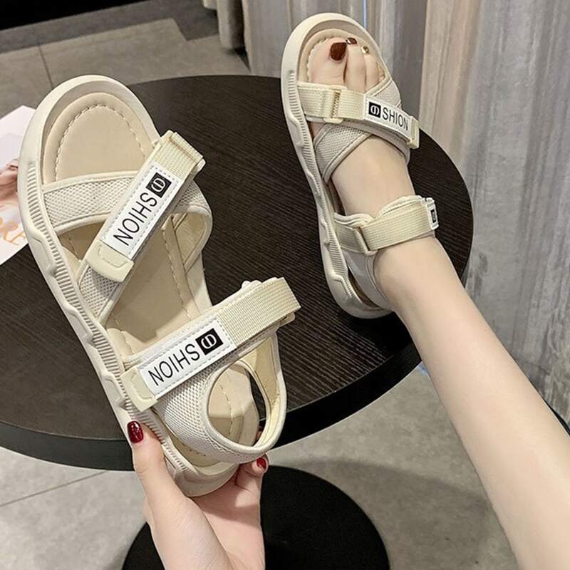 

Letter Velcro Strap Sport Sandals, Beige