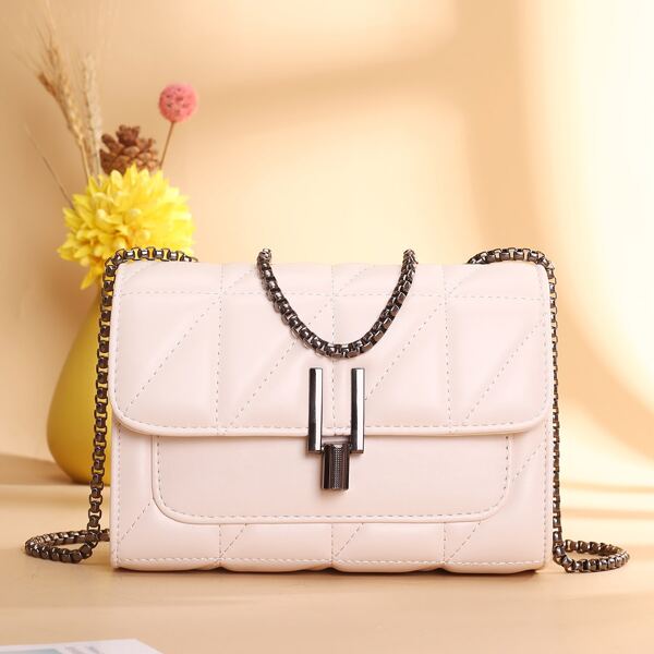 

Metal Lock Quilted Chain Crossbody Bag, Beige