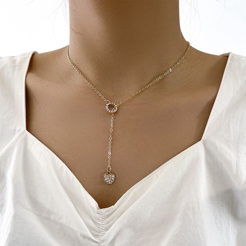 

Rhinestone Heart Y Lariat Necklace, Gold