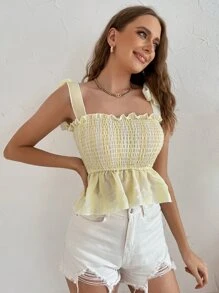 Knot Shoulder Shirred Cami Top - Yellow - View 4